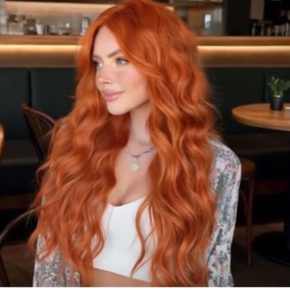 Halo Ginger Auburn Long Wavy Wig with Curtain Bangs Natural Middle Part 26”NWT
